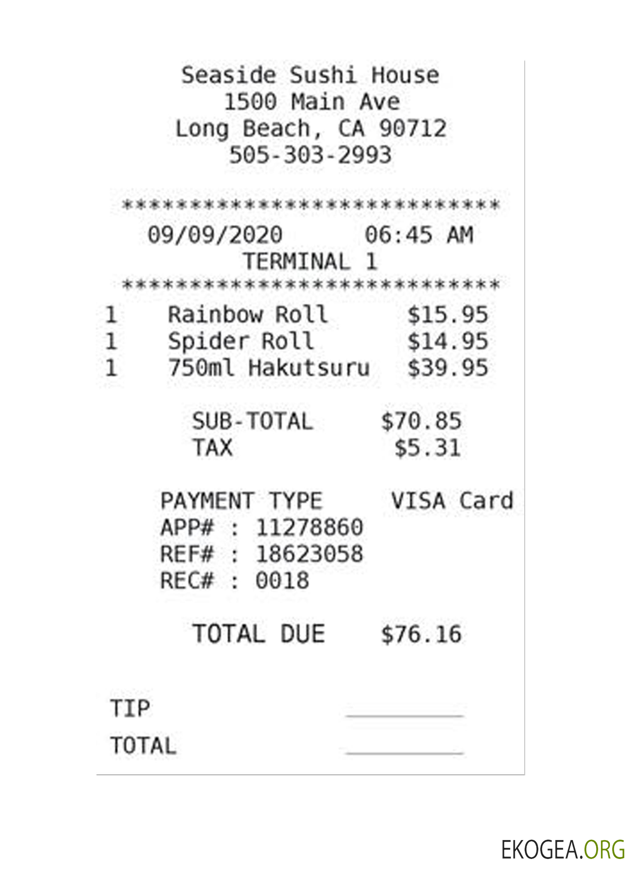 Reçu de paiement SEASIDE SUSHI HOUSE